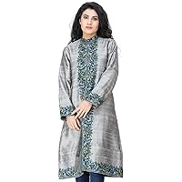 Silver-Gray Long Jacket from Kashmir with Floral Ari Embroidery by Hand