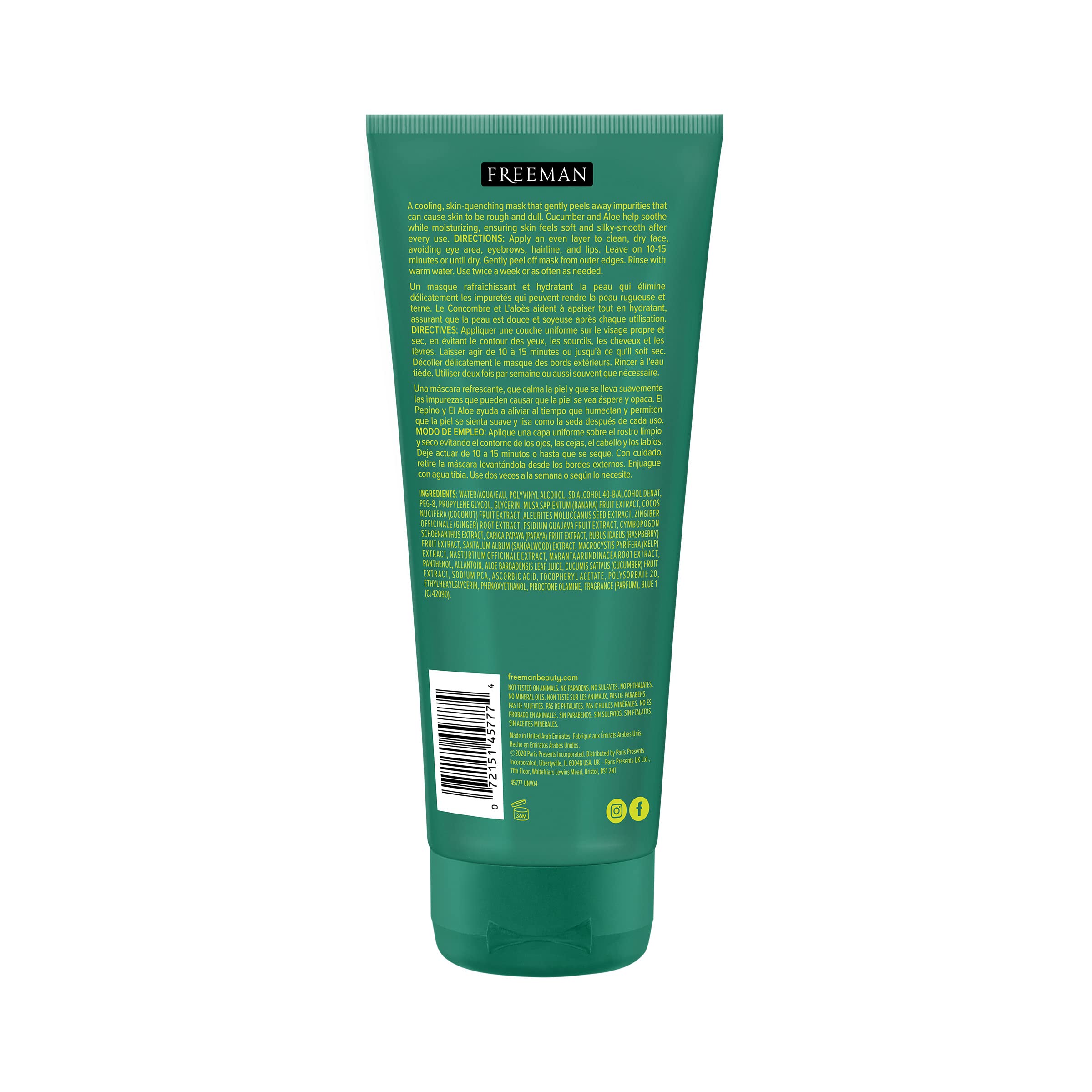 FREEMAN Renewing Cucumber Peel-Off Gel Facial Mask, Face Mask Refreshes Skin, Aloe Soothes & Moisturizes, Get Rejuvenated Skin, For Normal & Combination Skin, 6 fl. oz./175 mL Tube
