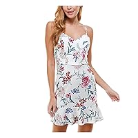 Womens Ivory Stretch Zippered Fitted Flounce Hem Floral Spaghetti Strap V Neck Mini Party Fit + Flare Dress Juniors 7