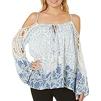 Angie Women's Long Sleeve Cold Shoulder Top with Crochet and Tie Front