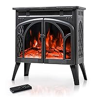 24Inch Electric Fireplace Stove, Free-Standing Infrared Fireplace Stove, Controllable 3D Flame, 4 Variable Flame&Log Colors, 1500w, 5100BTU, (S230B-GREY), Grey Metal