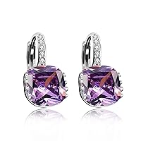 Uloveido Women's Platinum Plated Cubic Zirconia Square Crystal Lever Back Earrings (Blue,Pink,Purple,White) DML115