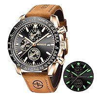 Bersigar Men's Watch Chronograph Analogue Quartz Watch Business Chronograph Men's Watch with Leather Strap, gold black