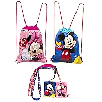 (4ct) Mickey & Minnie Mouse Drawstring Backpack - Lanyards with Detachable Coin Purse