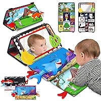 KETIEE Baby Tummy Time Mirror Toys, 3 in 1 Black and White High Contrast Infant Toys with Crinkle Cloth Book, Shark Doll & Teether Newborn Montessori Sensory Toys for Baby Boy Girl 0-3-6-9-12 Months