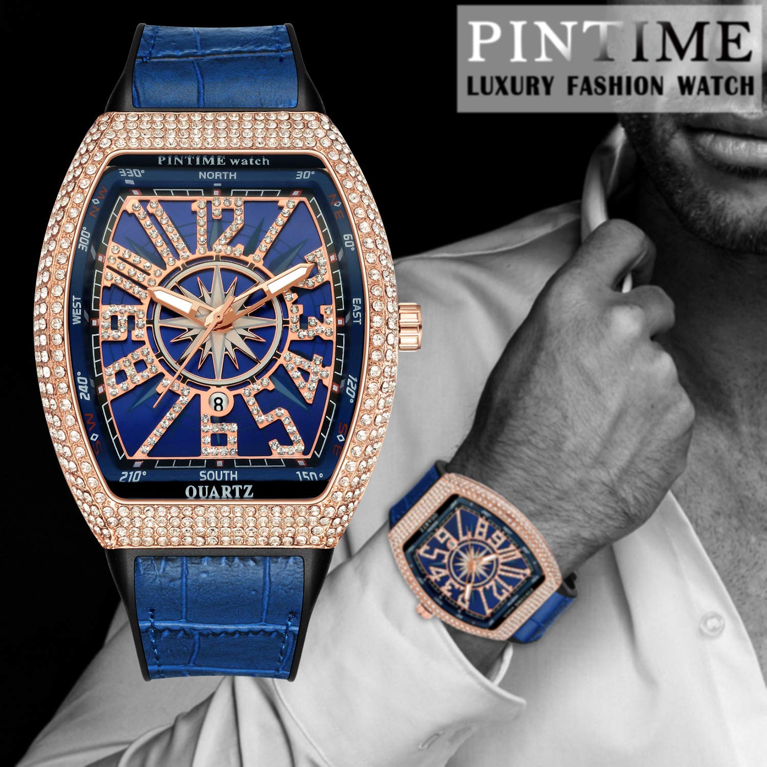 PINTIME Luxus-Herren-Armbanduhr mit Kristall-Diamanten, Tonneau, modisch, glitzernd, wasserdicht, Quarz, analoge Armbanduhr für Herren, Lederband, Hip Hop Rapper