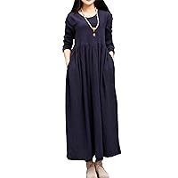 Women's Casual Loose Soft Clothing Long Sleeves Spring/Fall Maxi Linen Cotton Dresses with Pockets