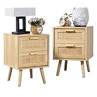 Finnhomy Nightstand, End Table, Side Table with 2 Hand Made Rattan Decorated Drawers, Nightstands Set of 2, Wood Accent Table with Storage for Bedroom, Natural, 2 Pack