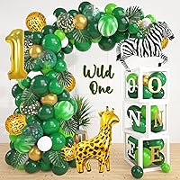 Amandir 115PCS Wild One Birthday Decorations Balloon Boxes, Animal Print Green Gold Balloon Garland Arch Kit Number1 Palm Leaves for Safari Jungle Theme First 1st Birthday Party Supplies Kids Boy Girl