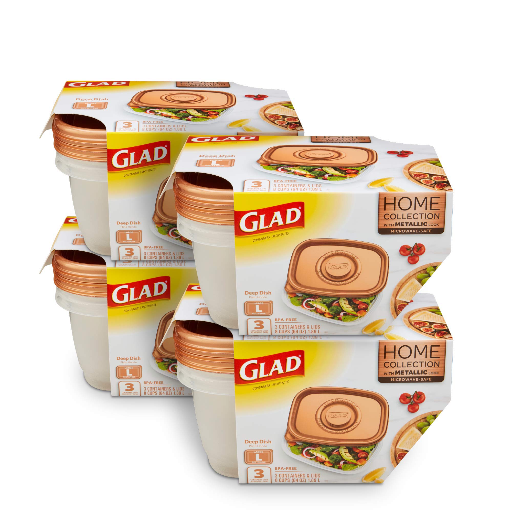 GladWare Home Deep Dish Food Storage Containers, Large Rectangle Holds 64 Ounces of Food, 3 Count Set | With Glad Lock Tight Seal, BPA Free Containers and Lids (4 Pack)