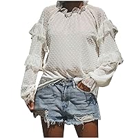Swiss Dot Tops for Women Tiered Lace Trim Lantern Long Sleeve Shirts Fashion Mid Neck Solid Casual Work Blouses