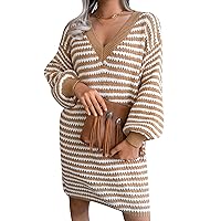 EFOFEI Women Sweater Dress Long Sleeve Loose Sweater Dress Crochet Striped Hollow Mini Casual Sweater Dress