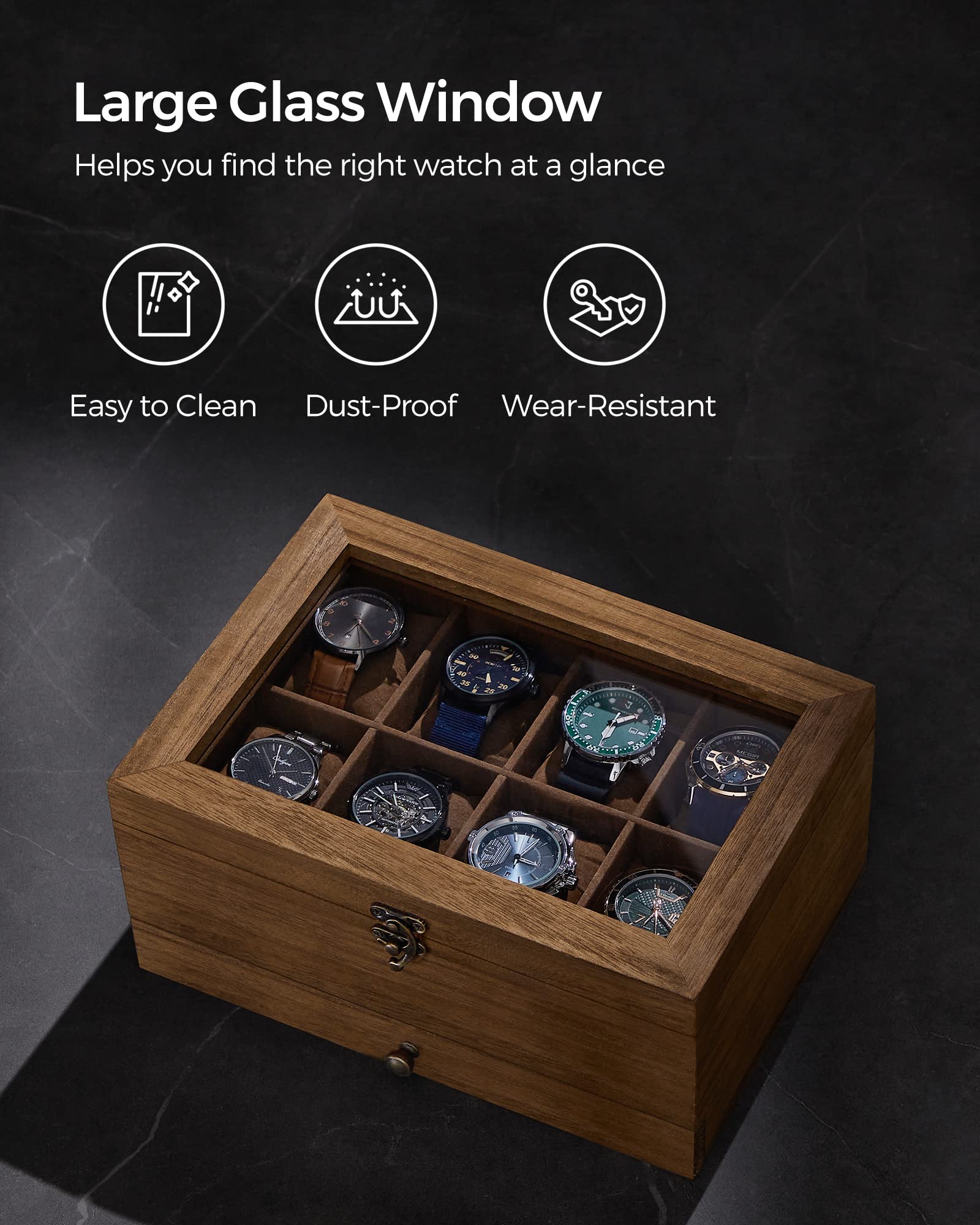 SONGMICS 8-Slot 2-Tier Watch Display Case with Large Glass Lid, Removable Watch Pillows, Velvet Lining, Jewelry Box, Gift Idea, Rustic Walnut UJOW008K01
