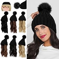 Hat Wig Beanie Hat with Hair Long Wavy Hair Extensions Knit Rib Pom Hat Attached 14