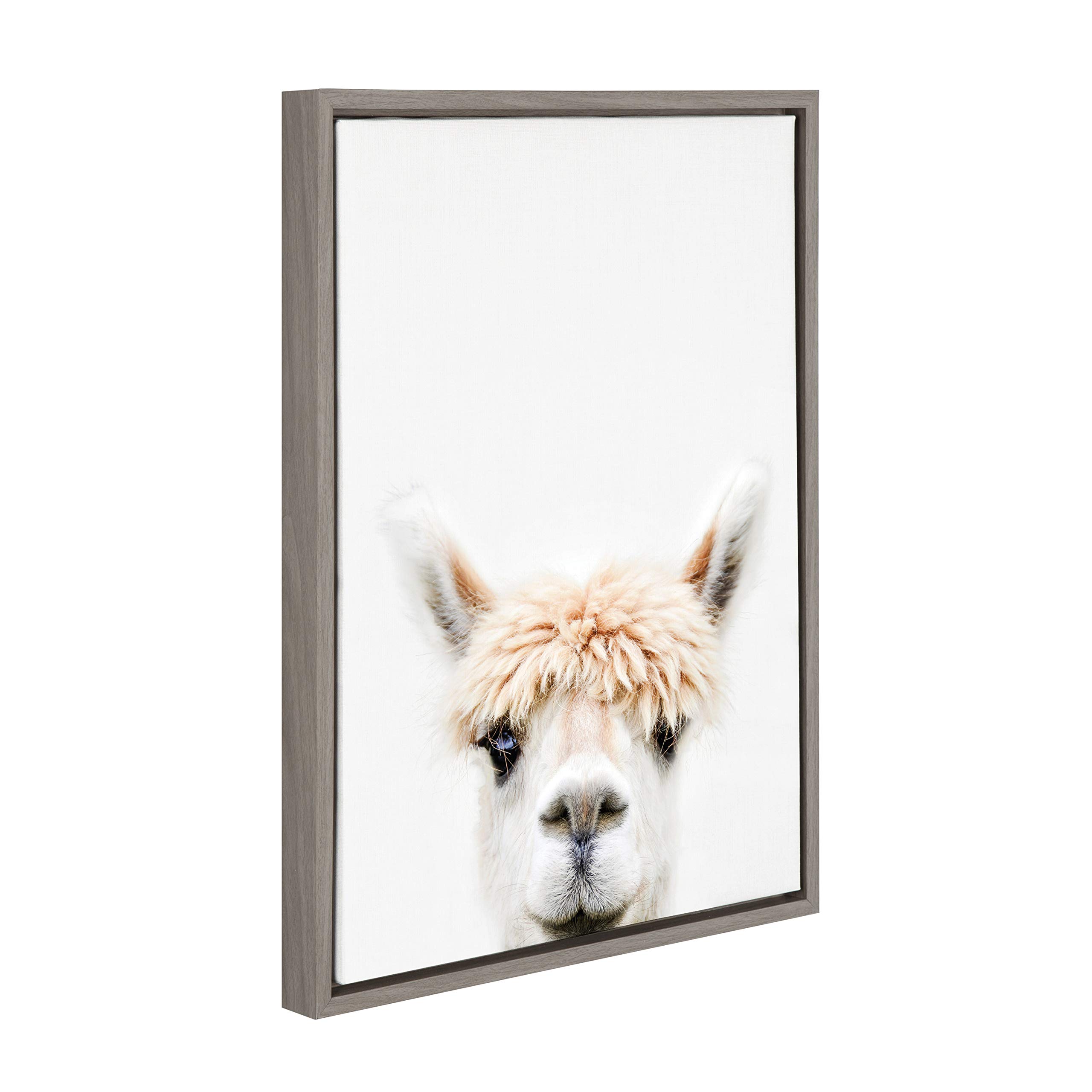 Kate and Laurel Sylvie Alpaca Bangs Animal Print Portrait Framed Canvas Wall Art by Amy Peterson, 18x24 Gray