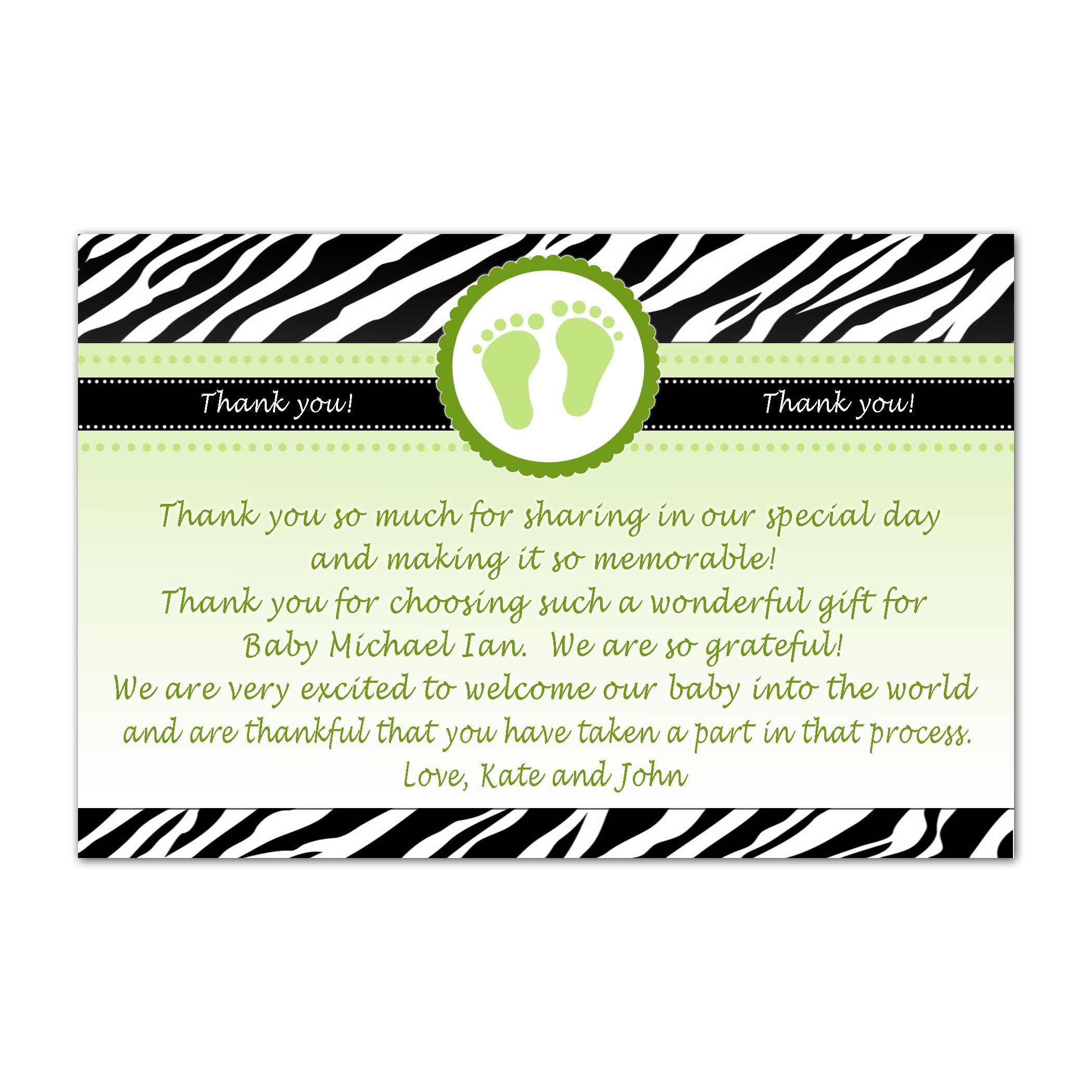 30 Personalized Thank You Cards Green Black Jungle Zebra Baby Feet Design Shower Party Photo Paper