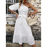 Women's Dress One Shoulder Puff Sleeve Eyelet Embroidery Belted Dress Dress for Women (Color : White, Size : Large)
