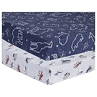 Sky Traveler 2 Pack Flannel Playard Sheets - Air Travel - White, Red, Blue, Gray; Starry Safari - White, Navy; Fits Standard Playard Mattress, 28 in x 40 in; 5-in Deep Pockets;