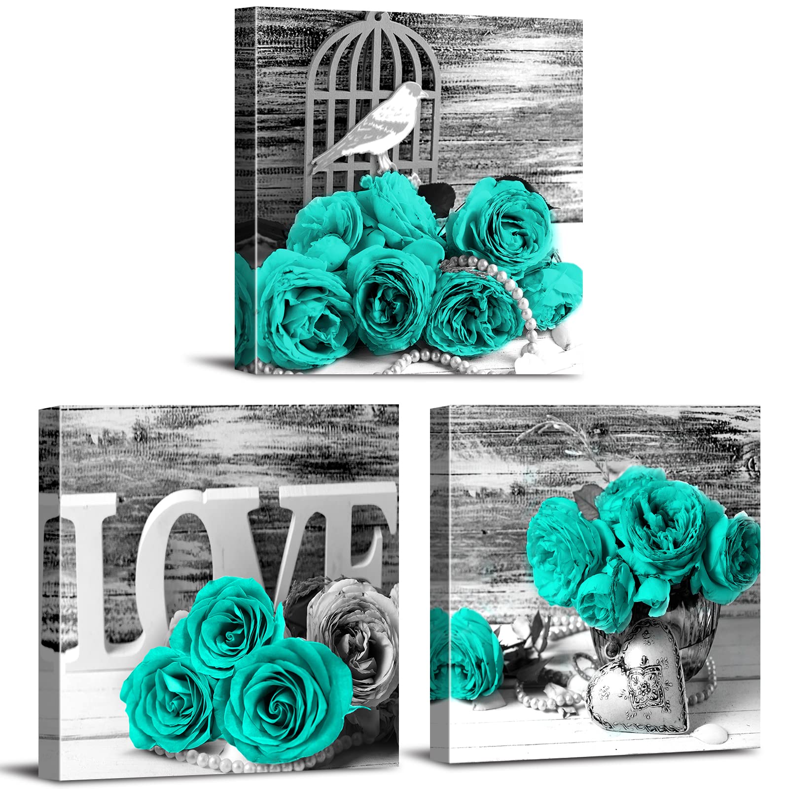 Teal Rose Wall Art Master Bedroom Decor for Couples Turquoise Flower Canvas Prints Paintings Bathroom Living Room Home Decorations 16x16" 3Pcs ...