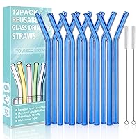 Reusable Bent Glass Drinking Straws,Set of 12 Bent Straws With 2 Cleaning Brushes,Shatter Resistant,Non-Toxic,Eco Friendly Reusable Straws (Blue 12 Pack)
