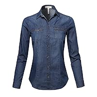 Made by Emma Women's Basic Classic Button Closure Roll Up Sleeves Chest Zipper Pocket Denim Chambray