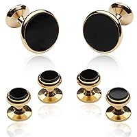 Mens Black Onyx Gold Cufflinks and Studs Formal Set with Presentation Gift Box Party Special Occasions Wedding Anniversary Suit French Cuff Shirts