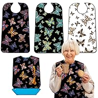 3 Pack Adult Bibs with Crumb Catcher, Washable and Adjustable Adult Bibs for Women Elderly Seniors Colorful Butterfly