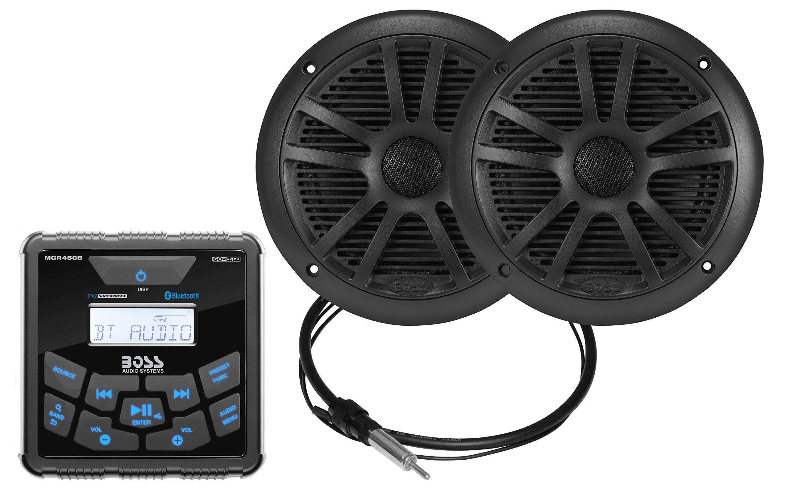 BOSS Audio Systems MCKGB450B.6 Weatherproof Marine Gauge Receiver and Speaker Package - IPX6 Receiver, 6.5 Inch Speakers, Bluetooth Audio, USB MP3,...