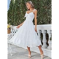 2023 Women's Dresses Tie Shoulder Scallop Trim Ruffle Hem Schiffy Cami Dress Women's Dresses (Color : White, Size : Medium)