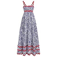 IMEKIS Women Summer Sleeveless Sundress Sexy Spaghetti Strap Square Neck Flowy Beach Dress Rickrack Tiered Flounce Maxi Dress