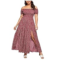 Womens Casual Summer Dresses,Ditsy Plus Bodice Shirred Off Split Floral Thigh Women Plus Size Dress Shoulder Wo