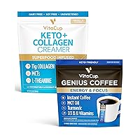 Vitacup Genius Instant Coffee Packets & Keto + Collagen Vanilla Coffee Creamer Bundle for Energy & Focus, Keto Diet, B Vitamins, 24 Instant Coffee Sticks & 10 oz Creamer Powder Bag