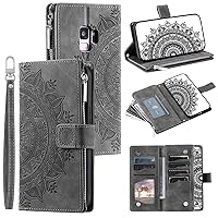 Cell Phone Flip Case Cover Wallet Case Compatible with Samsung Galaxy S9 with Card Slot Case,Zipper Leather Case,Magnetic Closure Flip Case Embossed Floral Leather Cover with Detachable Crossbody Stra