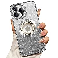 Misscase for iPhone 15 Pro Max Magnetic Glitter Case Compatible with MagSafe,Full Protection Slim Shockproof Anti-Scratch Case with Camera Lens Protector Logo View Dust-Proof Net for Women Silver