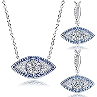Moissanite Evil Eye Pendant Necklace and Dangle Hoop Earrings 2.43 CTTW D color VVS Lab Created Diamond and Sapphire Platinum Plated Sterling Silver Necklace Earring Jewelry Sets for Women