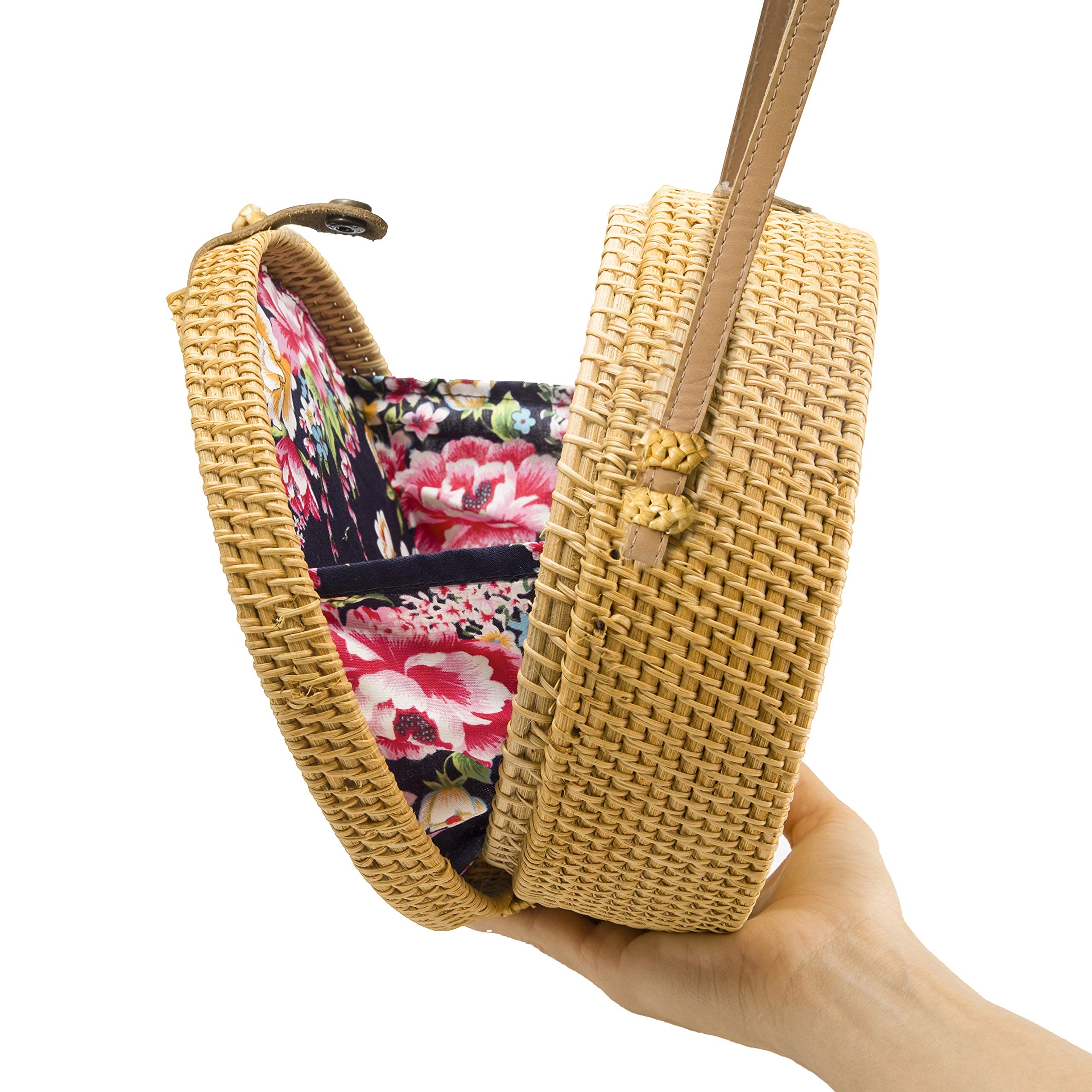 Natural NEO Handwoven Round Rattan Bag Shoulder Leather Straps Natural Chic Hand
