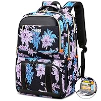 Lunch Backpack, Insulated Cooler Backpack for Women Laptop Backpack with USB Port, 15.6 Inch Laptop Waterproof Backpack Food Bag for Work Travel Black Flower