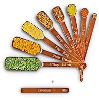 2lbDepot Copper Measuring Spoons Set of 9 Includes Bonus Leveler, Premium, Rust Proof, Heavy Duty, Copper Plated, Stainless Steel Metal, Narrow, Long Handle Design fits into Spice Jars