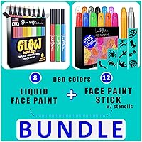 Jim&Gloria Face Paint Pen Glow In the Dark, Sweatproof, Smudge Proof WaterProof - 8 Neon Rainbow Colors + Washable Face Paint Kit with Gold And Silver 12 Large Colors