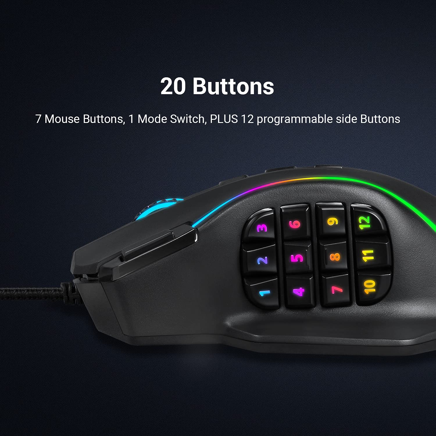 Redragon M901 Gaming Mouse RGB Backlit MMO 19 Macro Programmable Buttons with Weight Tuning Set, 12400 DPI for Windows PC Computer (Wired, Black)
