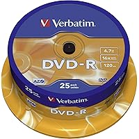 Verbatim DVD-R Discs 25 Spindle Pack, Bulk Pack 25 x DVD-R Blank Discs with AZO Protection Against UV, 16x Speed, 4.7 GB