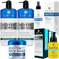 BELLISSO Biotin Shampoo and Conditioner Set and Biotin Hair Thickening Serum and Biotin Hair Mask and Biotin Heat Protectant Spray for Hair with Moroccan Argan Oil