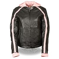 Milwaukee Leather SH1951 Women's Black and Pink Striped Leather Jacket with Zip-Out Hoodie