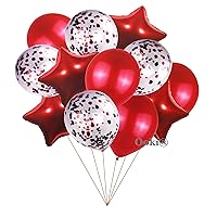24 Party Favors Balloon Bouquet Bundle 12 inch -18 inch Foil Star Round Latex Metallic with Confetti Ribbon Decor Event Birthday Wedding Celebration (Red)