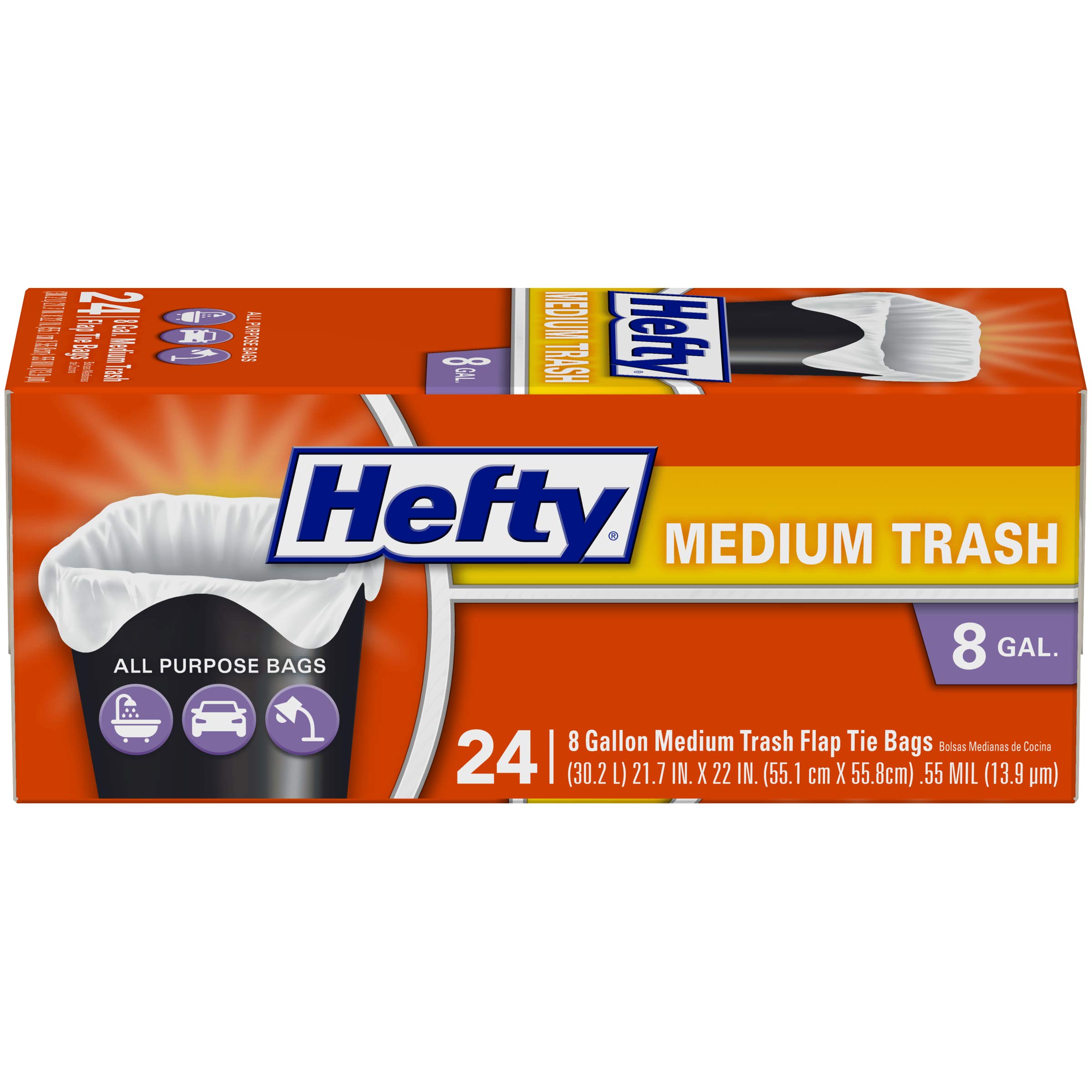 Hefty Trash Bags/Garbage Bags, Flap Tie, 8 Gallon, Medium - 24 Count (Pack of 12)