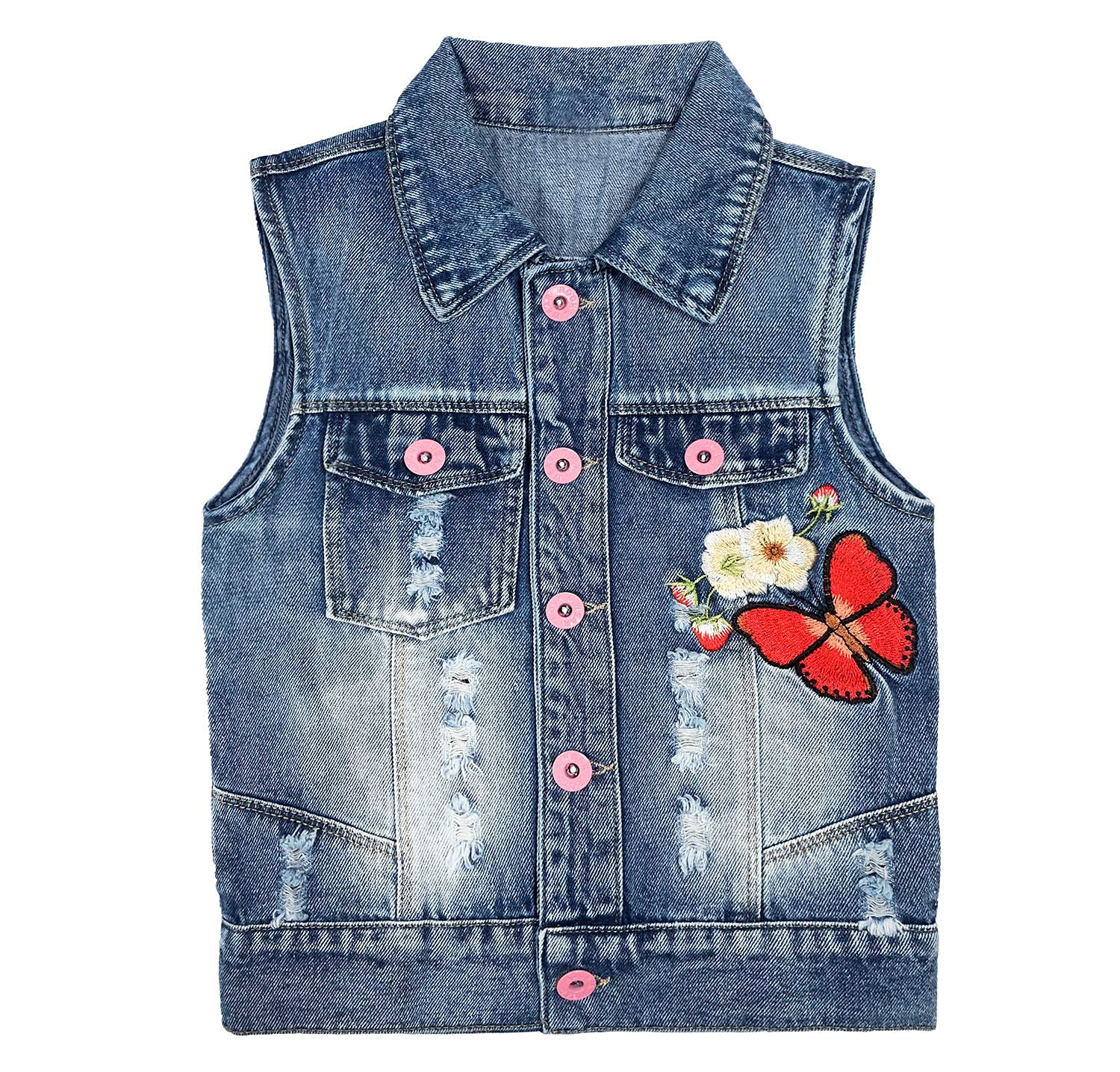Peacolate Little Big Girl Outfit Distressed Sleeveless Jacket Embroidered Sequins Butterfly Denim Vest