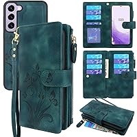 Compatible with Samsung Galaxy S23 5G 2023 Case [12 Card Slots] ID Credit Cash Holder Zipper Pocket Detachable Magnet Leather Wallet Cover with Wrist Strap Lanyard (Floral Cyan)