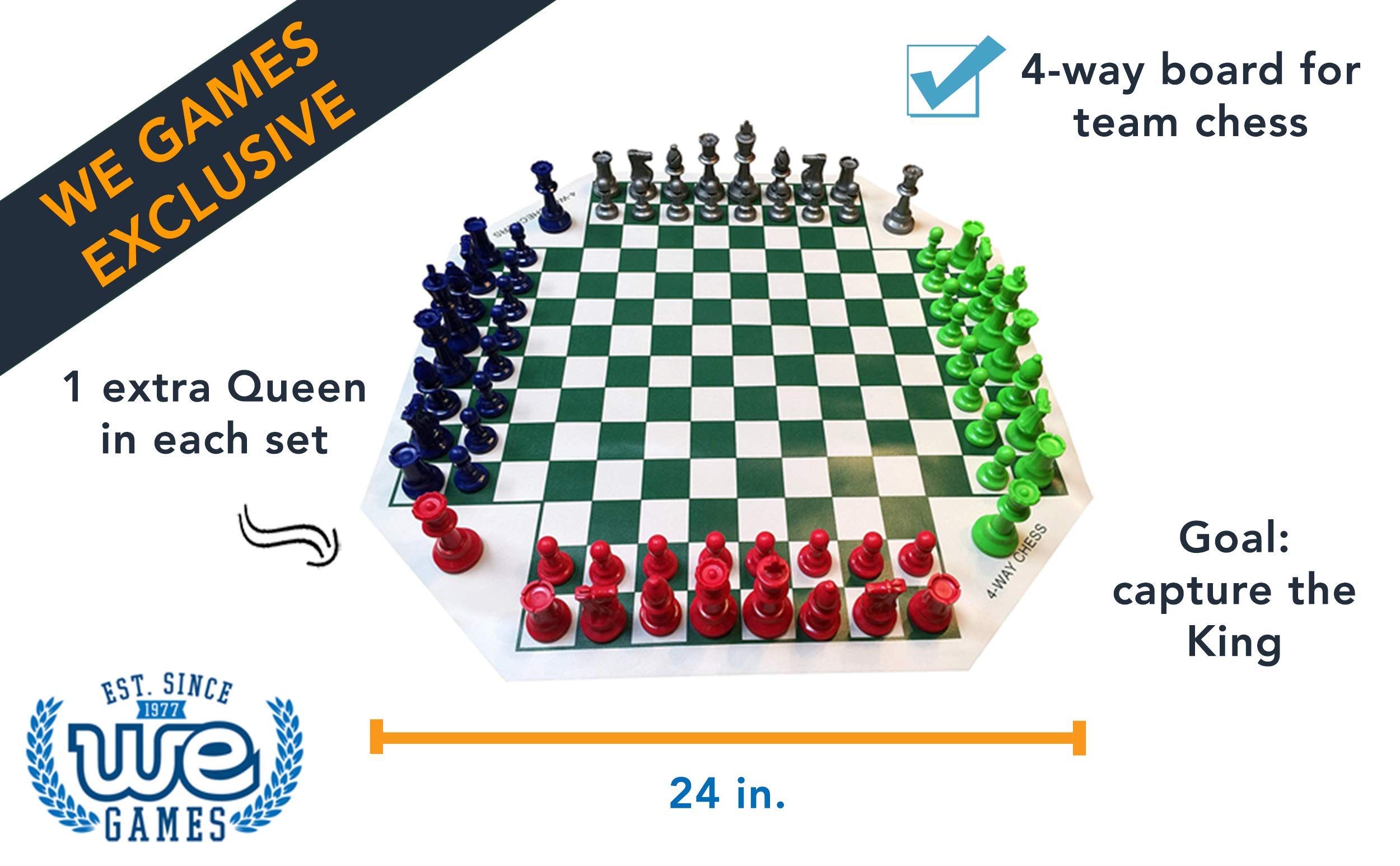 WE Games Four Player Chess Set, Chess Board for Team Chess, Combination Chess Game for Up to 4 Players, Unique Chess Sets for Adults and Kids, Roll Up Vinyl Chess Mat with 4 Sets of Chess Pieces