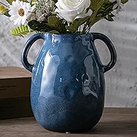 Blue Ceramic Vase with 2 Handles, Modern Farmhouse Vase for Home Decor, Rustic Pottery Vase, Decorative Terracotta Flower Vase, Clay Vase, Centerpieces for Dining Table