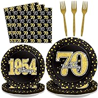 96PCS 70th Theme Birthday Party Tableware Vintage 1954 Party Supplies 70 Year Old Birthday Party Decorations Plates Napkins Forks Black and Gold Dinnerware Favors for Men or Women